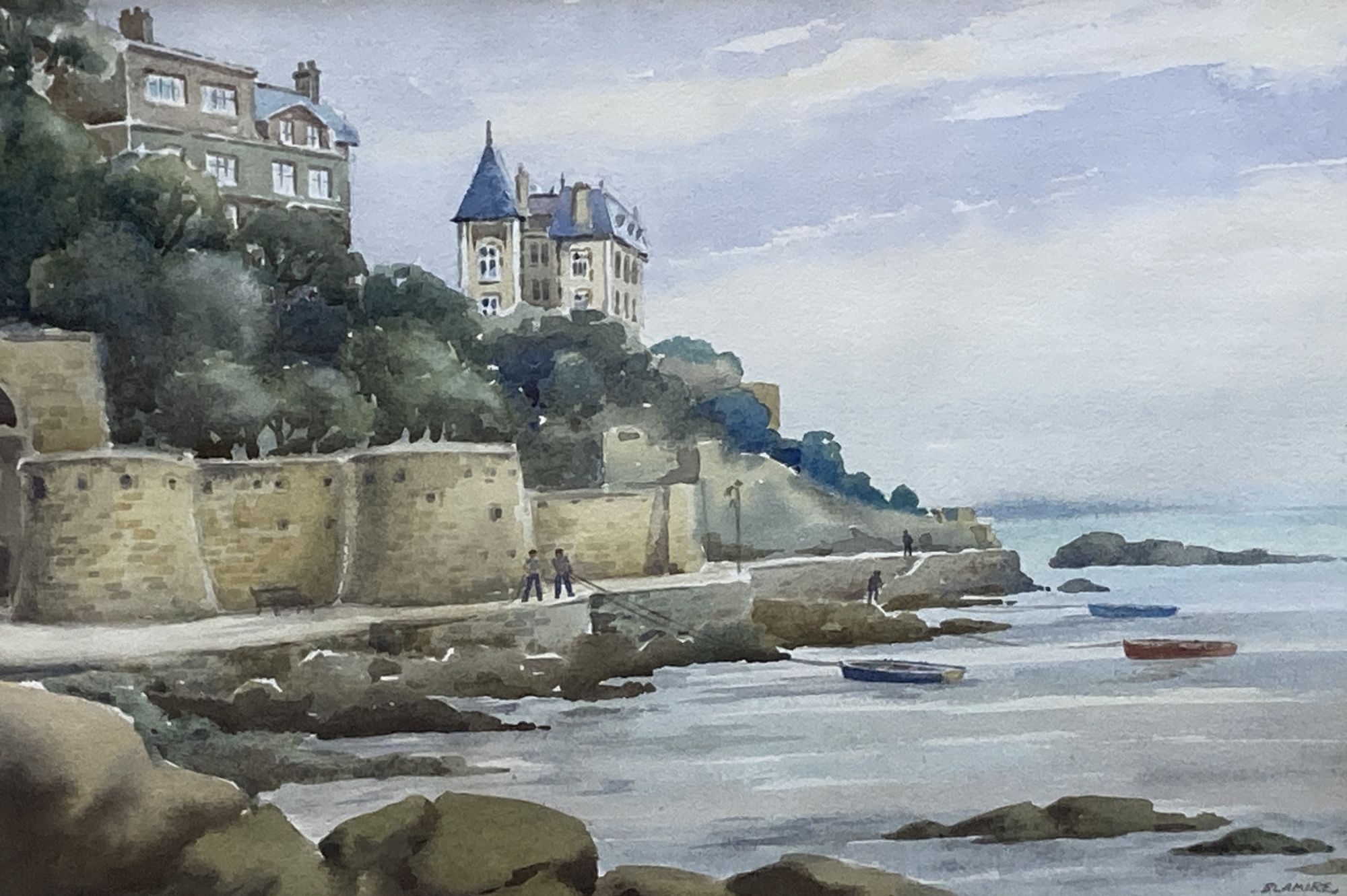 Billy Blamire, two watercolours, Scottish coastal landscape and Street scene, 28 x 39cm and 34 x 23cm